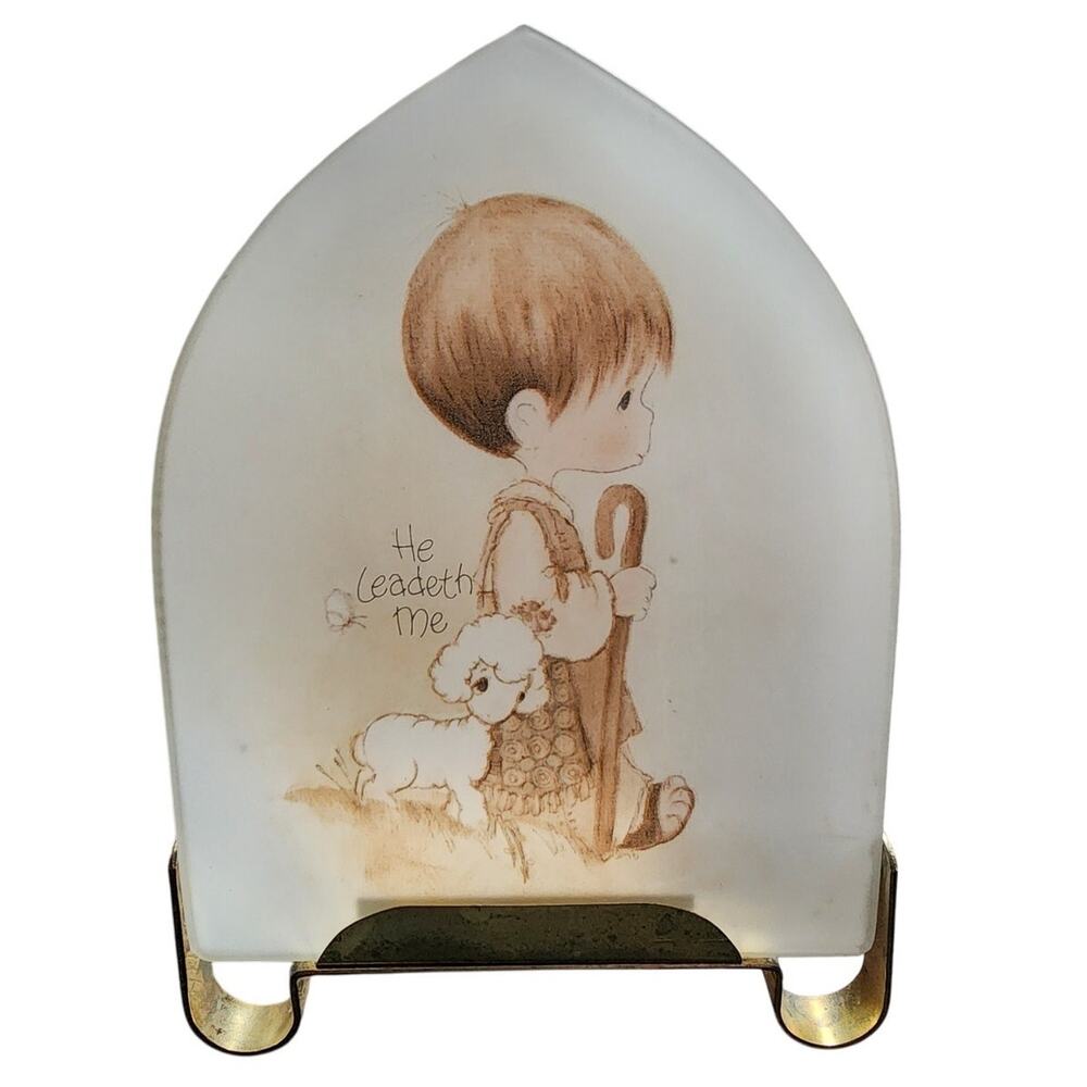 Vintage 1979 Precious Moments "He Leadeth Me" frosted glass candle holder